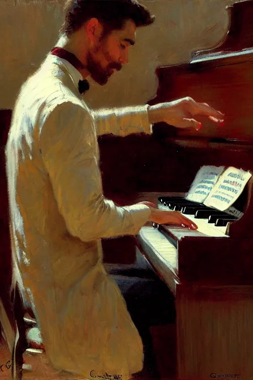 Prompt: attractive man, playing piano, painting by gaston bussiere, craig mullins