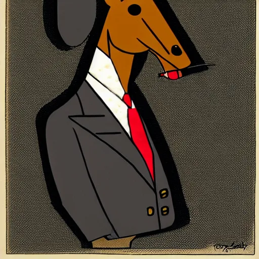 Prompt: an antropomorphic horse wearing a suit smoking a cigar