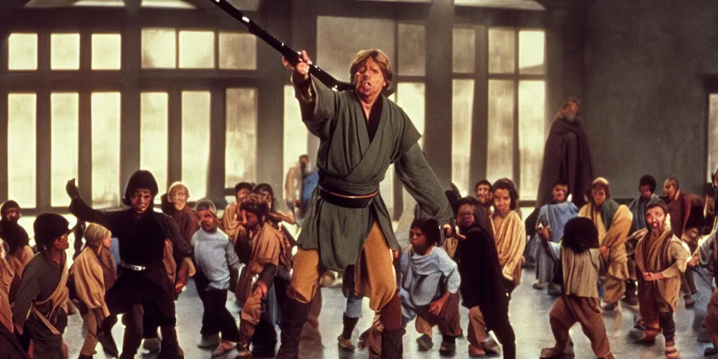 Image similar to A full color still of Mark Hamill as Jedi Master Luke Skywalker training a diverse room full of young Jedi padawans, with large windows showing a sci-fi city outside, at dusk at golden hour, from Star Wars, directed by Steven Spielberg, 1994