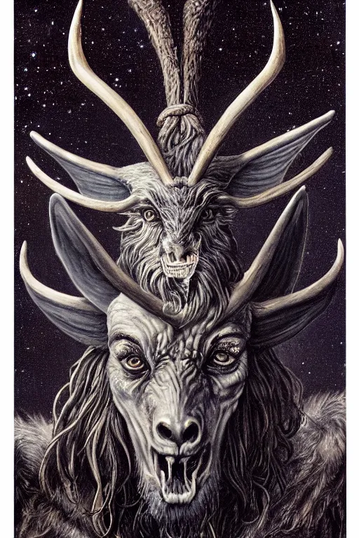 Prompt: sideview waist up portrait of baphomet plane with big antler made with porcelain by jeff easley and peter elson, beautiful eyes and face, symmetry face, galaxy, gothic, surreal, dread, highly detailed, intricate complexity, epic composition, magical atmosphere, masterpiece, award winning, trending on artstation