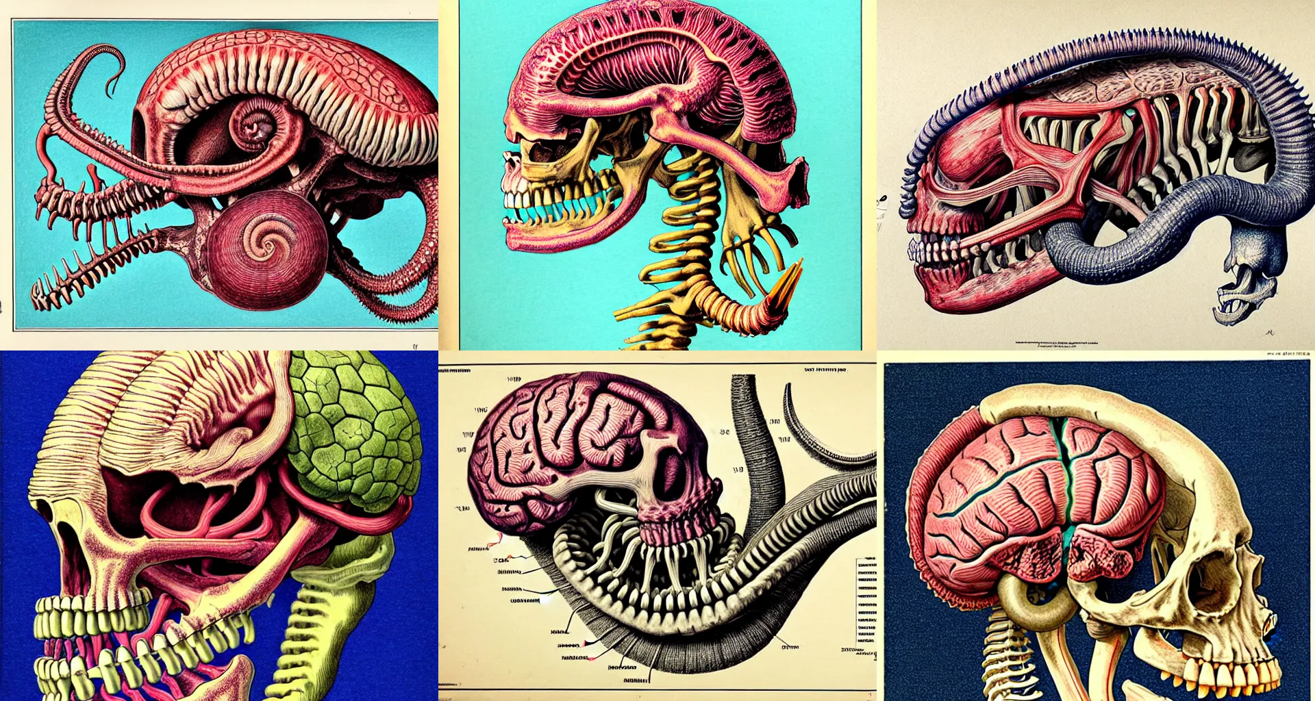 Prompt: hyper-detailed expert color pencil antique medical illustration of Kaiju head cross-section, nautilus brain, ribcage, xhenomorph, with tentacles coming out of open mouth and exposed jaw bone, spinal column, cerebral corpus callosum, vastus lateralis, cerebellar peduncle, interventricular foramen, symmetrical H 832