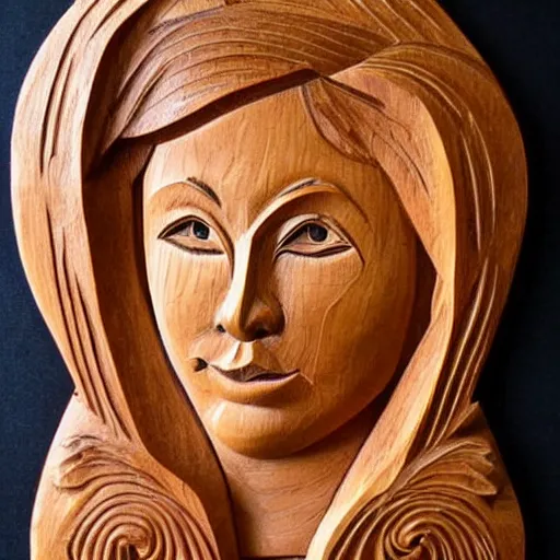 Prompt: wood relief carving of a beautiful woman