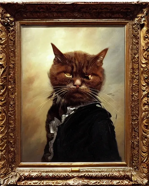 Image similar to portrait of cute brown cat with serious expression wearing 1 8 th century royal guard uniform, baroque painting, greg rutkowski