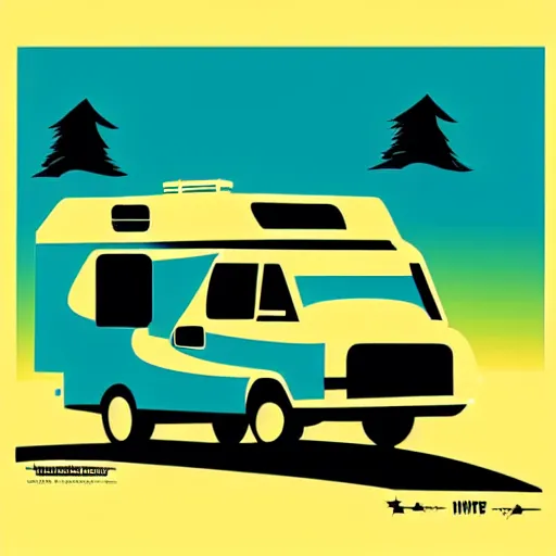 Image similar to stylized stencil graphic of a white and black cute thor chateau! motorhome camper!!, mountains, colorful sunset!!, stencil by tom whalen