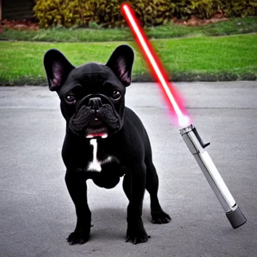 Prompt: black French Bulldog Jedi with lightsaber