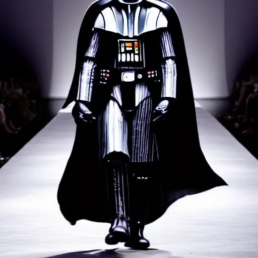 Prompt: a photograph of Darth Vader walking down a fashion show runway, realistic, dramatic lighting, epic