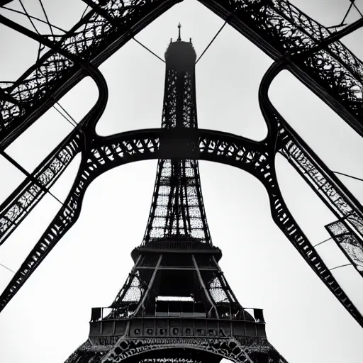 Image similar to a huge figure dehind the Eiffel tower, taken fron the ground, foggy weather, scary, dark, High resolution, creepy