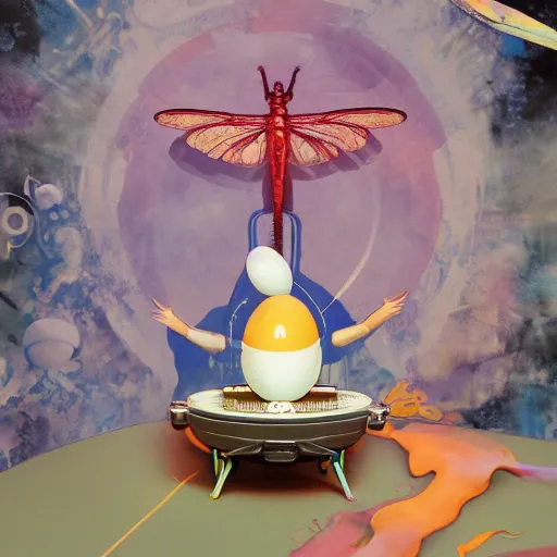 Image similar to surreal gouache painting, by yoshitaka amano, by ruan jia, by Conrad roset, by good smile company, detailed anime 3d render of big transparent resin stone in the center of the screen with a magical dragonfly inside. dragonfly inside an egg, egg on the mixer, Surrounded by a big DJ Mixer, Controller deck, portrait, cgsociety, artstation, rococo mechanical and Digital and electronic, dieselpunk atmosphere