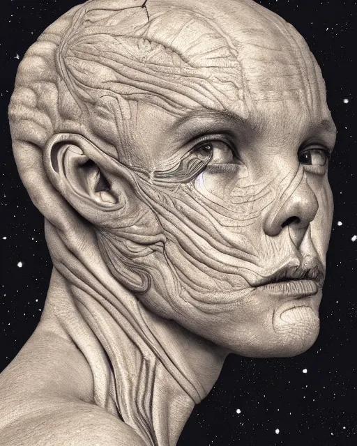 Image similar to an extremely detailed masterpiece head and shoulder portrait of a pleiadean extraterrestrial, in the style of ryan hewett, biometric, detailed, elegant, intricate, trending on artstation, 4 k