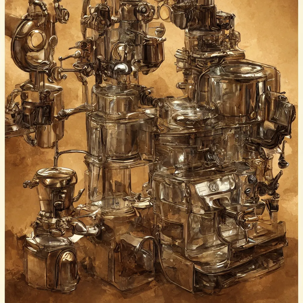 Image similar to highly detailed illustration of an ancient coffee machine, by Simon Stalenhaag, by Yoshita Amano, by Esao Andrews, sharp focus, fresh colors, conceptart, trending on artstation