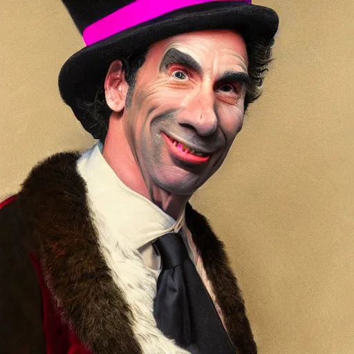 Prompt: portrait of Michael Richards in colorful furry tophat and velour robe, realistic painting, classical painting, high definition, digital art, matte painting, very detailed, realistic