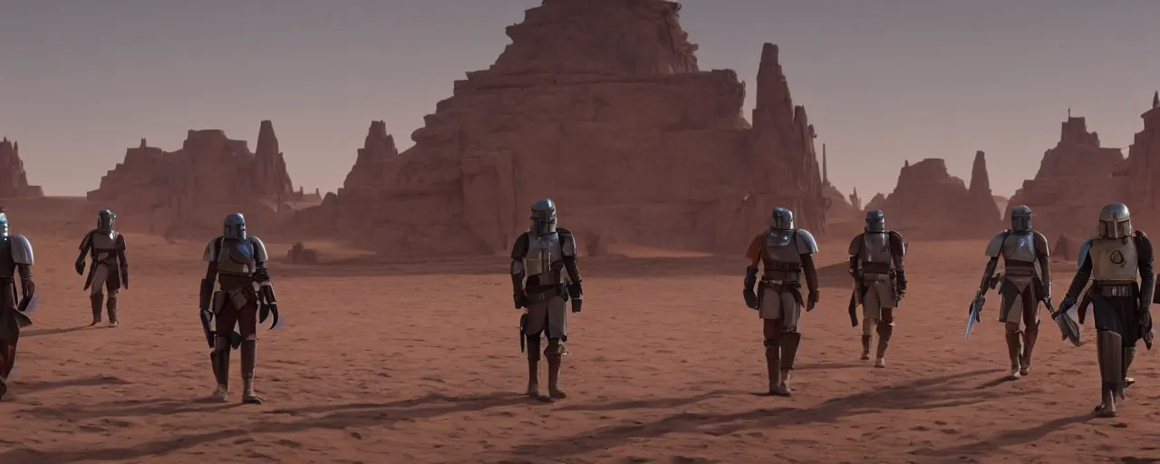 Image similar to the mandalorian walking in the village of tatooine, 8 k uhd, unreal engine, octane render in the artstyle of finnian macmanus, john park and greg rutkowski