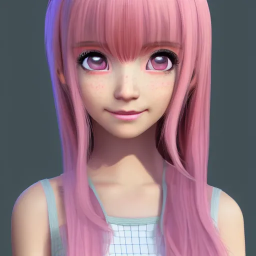 Image similar to Render of Nikki from Shining Nikki Dress-Up Game, a cute 3D young woman, long light pink hair, full bangs, full round face, hazel amber eyes, pale skin, cute freckles, light blush, Chinese heritage, smiling softly, wearing casual clothing, interior lighting, cozy home background, medium shot, mid-shot, hyperdetailed, trending on Artstation, Unreal Engine 4k