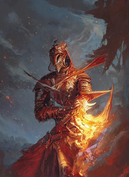 Prompt: a knight brandishing a flaming sword, night sky, intricate, highly detailed, digital painting, artstation, concept art, perfect composition, dynamic lighting, illustration, sharp focus, art by ralph horsley and greg rutkowski
