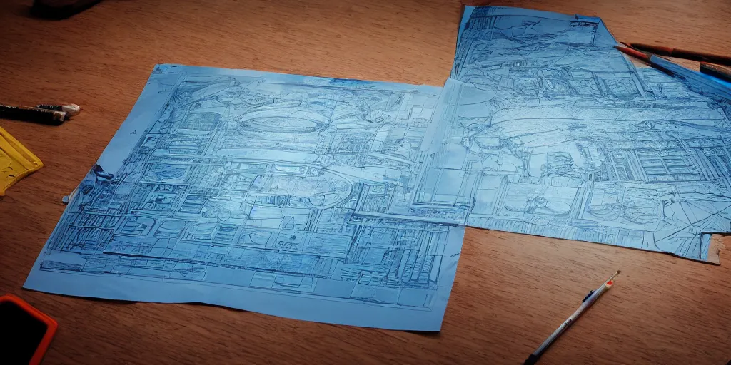 Prompt: anamorphic photograph of detailed blueprints laid out on a draftsman table with pictures of apocalyptical severe weather patterns, detailed ambient lighting, hyper realistic, vibrant colors, cinematic, Pop art style, digital art painting by Alexandros Pyromallis, cinematic, 35mm grain filter, artstation