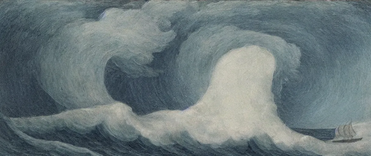 Prompt: sailboat on giant wave, sea monster lurking inside wave, Leonardo DaVinci style