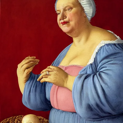 Prompt: of a very funny renaissance style oil painting of a sweet fat old woman kissing herself. symmetrical face, red mouth, blue eyes. a flowered dress. a hyper - realistic scene. 3 d, octane processing, deep focus. a very funny and sweet picture. unreal engine. watercolor. fellini cinematic style. poster quality. freud painting style.