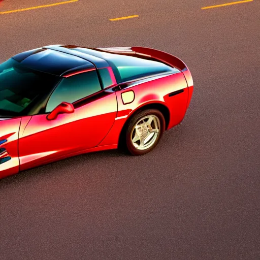 Prompt: corvette with cats sitting in and on the car, cinematic, golden hour, shadows, wide shot