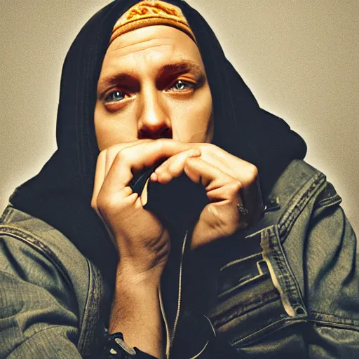 Image similar to eminem eating his mothers spaghetti, looking sad, 4k, photography, detailed, detailed face, sharp, cinematic lighting