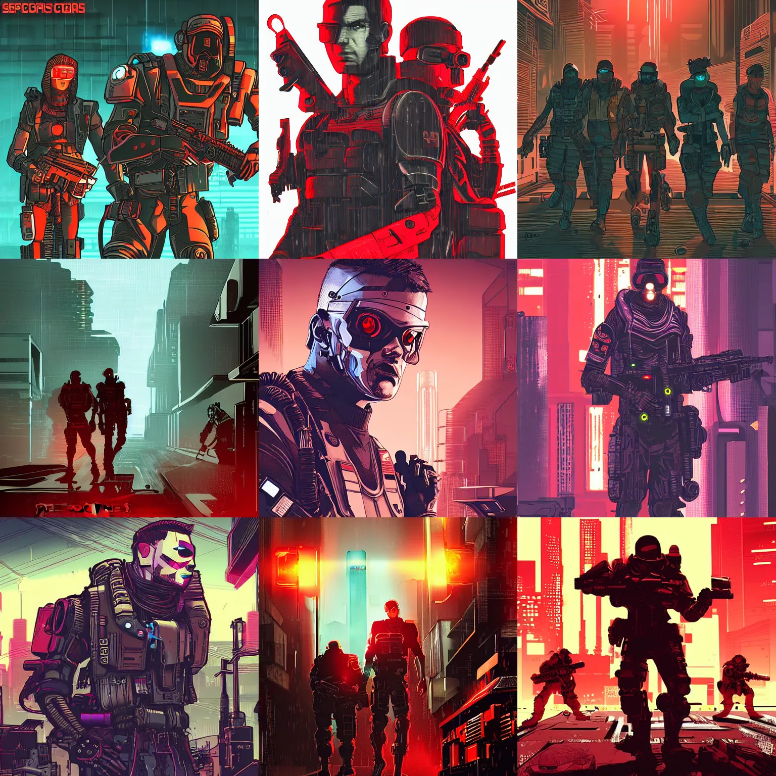 Prompt: forces spec ops elite cyberpunk Sci fi in the style of Richard Bagnall Richard Bagnall Cyberpunk RED Illustration