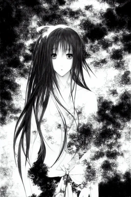 Image similar to a portrait of a character in a scenic environment by Yoshitaka Amano, black and white, dreamy, dark eyes, wavy long black hair, highly detailed