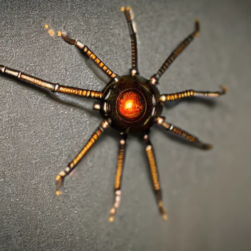 Image similar to close up photo of metal insect with glowing eyes