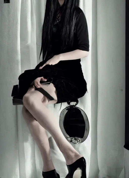 Image similar to a 1 4 year old girl eveline from resident evil 7 with straight long black hair wearing black dress that sitting on bathroom floor, photo for vogue, model エリサヘス s from acquamodels, render in re engine