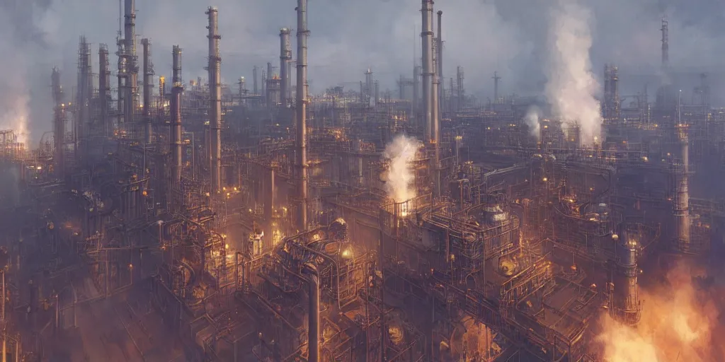 Image similar to detailed, gigantic refinery, smoke, torch, morning, science fiction, greg rutkowski, james gurney, artstation