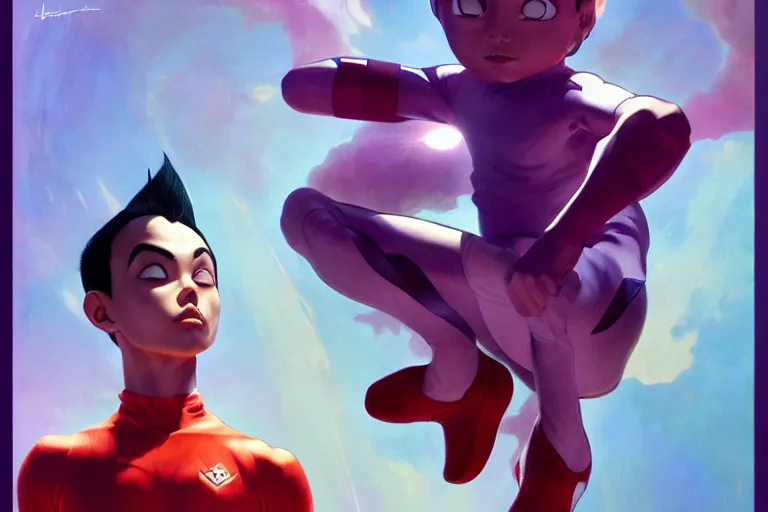 Image similar to portrait of Astroboy, centered full body pose, zenith angle, shadowy area, dramatic lighting, concept art, digital painting, Unreal Engine 5, 8K, art by artgerm and Greg Rutkowski and Alphonse Mucha