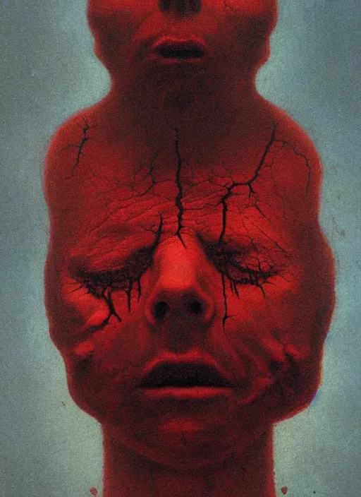Image similar to lord loss book portrait, pale red, lumpy skin, he has very dark - round red sad eyes with even darker red pupils. tiny cracks in skin seep, symmetric lights and fog, in the style of zdzislaw beksinski, glowing light and shadow, hyperrealist, 8 k