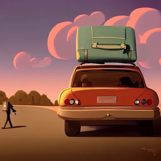 Image similar to goro fujita ilustration rear view of a car equipped with suitcases heading to the forest at sunset, painting by goro fujita, sharp focus, highly detailed, artstation