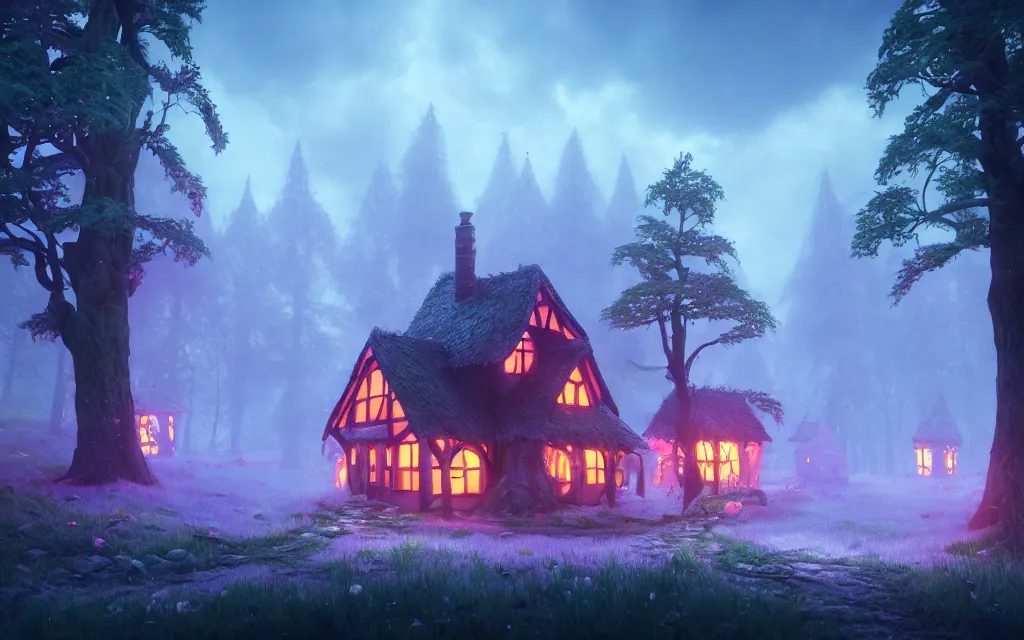 Prompt: gloomy sparse fairytale forest with witches cottage made of candy in the distance, visual novel key visual, award - winning digital art on pixiv, trending on artstation - cinematic lighting, dramatic lighting, stunning and beautiful scenery - highly detailed, hyperrealistic, unreal engine 5, in the style of kingdom hearts