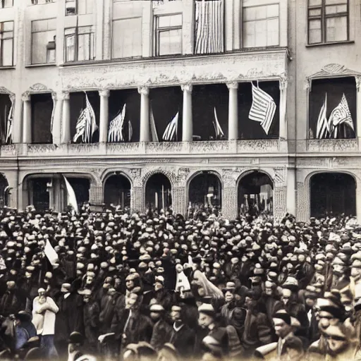 Prompt: a large group of people holding flags in front of a building, a colorized photo by James Montgomery Flagg, unsplash contest winner, viennese actionism, associated press photo, american propaganda, 1920s