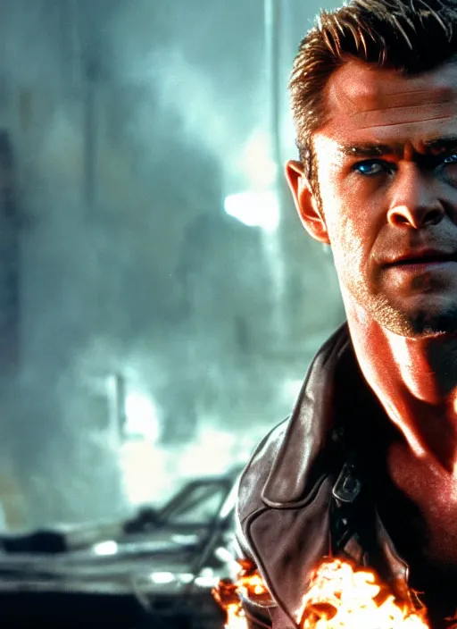 Prompt: film still of Chris Hemsworth as The Terminator in The Terminator, 4k