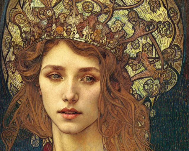 Image similar to detailed realistic beautiful young medieval queen face portrait by jean delville, alphonse mucha, vincent van gogh, and marco mazzoni, art nouveau, symbolist, visionary, gothic, pre - raphaelite