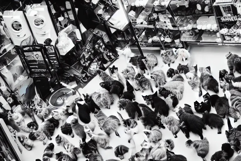 Image similar to overhead view, surveillance, black and white, a pet store with kittens sitting on the floor