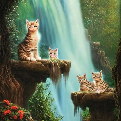 Image similar to two kittens in the enchanted forest stand on the steps and watch the waterfall, fantasy, intricate, extremely detailed, face enhance, matte, featured in artstation, art by louis wain, greg rutkowski