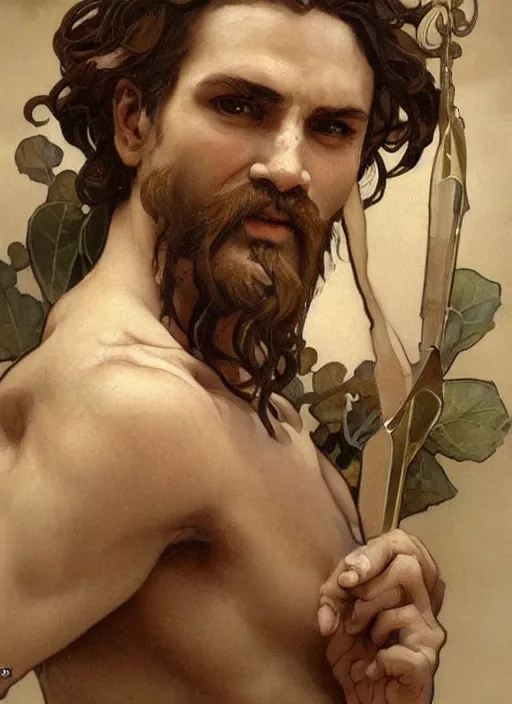 Image similar to 3 / 4 ancient greek man, painted by artgerm and greg rutkowski and alphonse mucha. clear highly detailed face, beautiful art