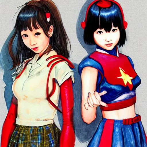 Image similar to a perfect, realistic professional digital sketch of a videogame, two Japanese schoolgirls posing, in style of Marvel, full length, by pen and watercolor, by a professional American senior artist on ArtStation, a high-quality hollywood-style sketch, on high-quality paper