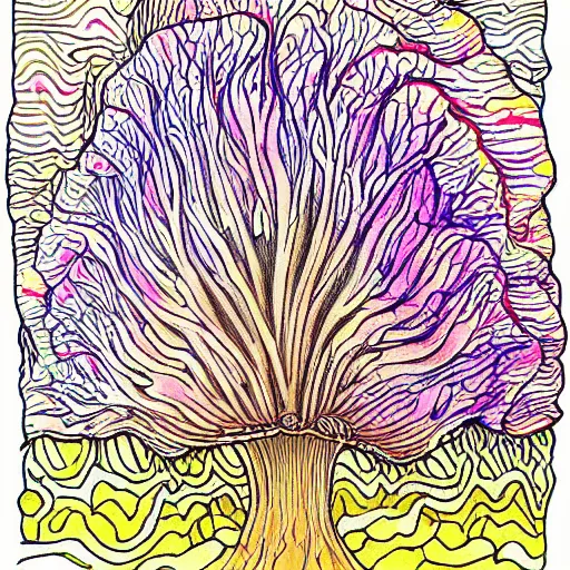 Image similar to detailed drawing of a white oyster mushroom fruiting from a tree trunk, psychedelic colors, tye dye