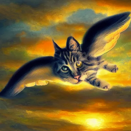 Image similar to a photograph of cute cat with wings flying towards the sunset, highly detailed, photorealistic, impressionism style