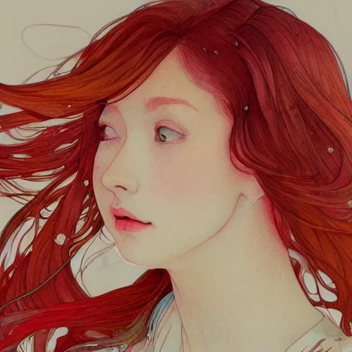 Image similar to side view a beautiful and inspiring intricate watercolor illustration artwork red hair girl, 4 k, ultra - wide angle, by william turner, by victo ngai, by alphonse mucha, by miho hirano, hd, trending on artstation, hyper detailed, muted colors, inspiring, beautiful, energetic