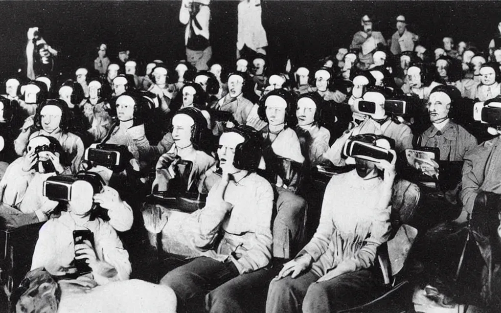 Image similar to 1 9 0 0 s photo of people using iphones ipods virtual reality headsets vr watching hd tv in a movie theater