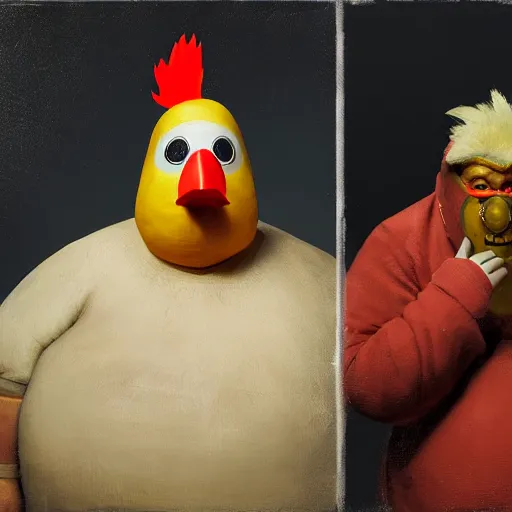 Image similar to scary portrait of an big fat asian man dressed as a chicken, the chicken man, man dressed as a chicken, highly detailed painting by sergey kolesov, 8 k, man dressed as a chicken, antropormophic art