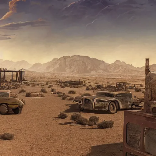 Image similar to Matte painting of of New Vegas in the middle of the Mojave wasteland 4k detailed