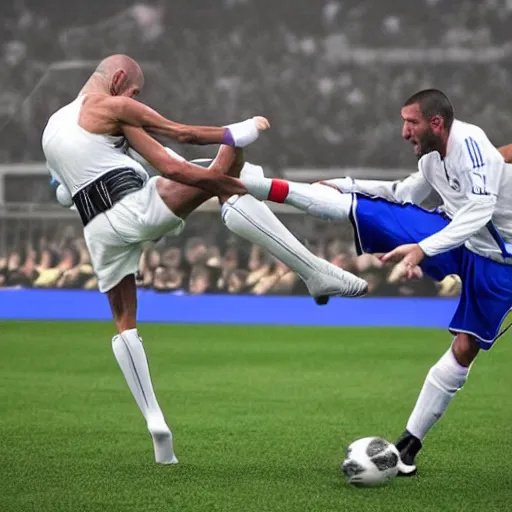 Image similar to A realistic photo of a Jedi fight between Zinédine Zidane and Marco Materazzi, hyper-realistic, 8K HDR.