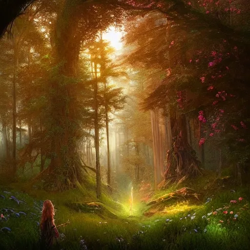 Prompt: a beautiful hyper realistic detailled matte painting of a serene forest of faeries, moss and flowers, butterflies by night, by Moebius and John Howe and Albert Bierstadt and Alena Aenami, unreal engine, trending on artstation, barometric projection, rectilinear