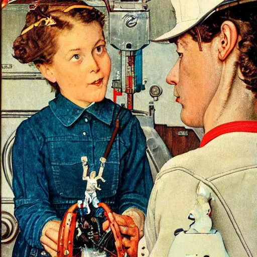 Prompt: a Norman Rockwell painting of a girl fixing her robot