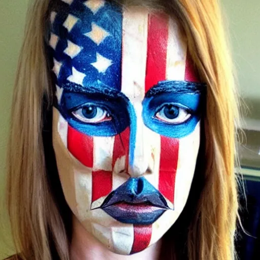 Prompt: a beautiful portrait sculpture designed by Sandra Chevrier, tribal head dress, American stars and stripes on face