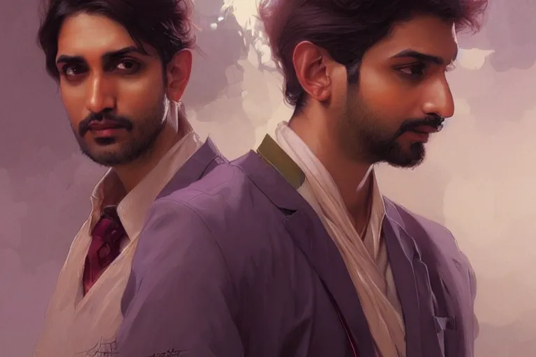 Image similar to Anxious good looking pale young Indian doctors arguing, portrait, elegant, intricate, digital painting, artstation, concept art, smooth, sharp focus, illustration, art by artgerm and greg rutkowski and alphonse mucha